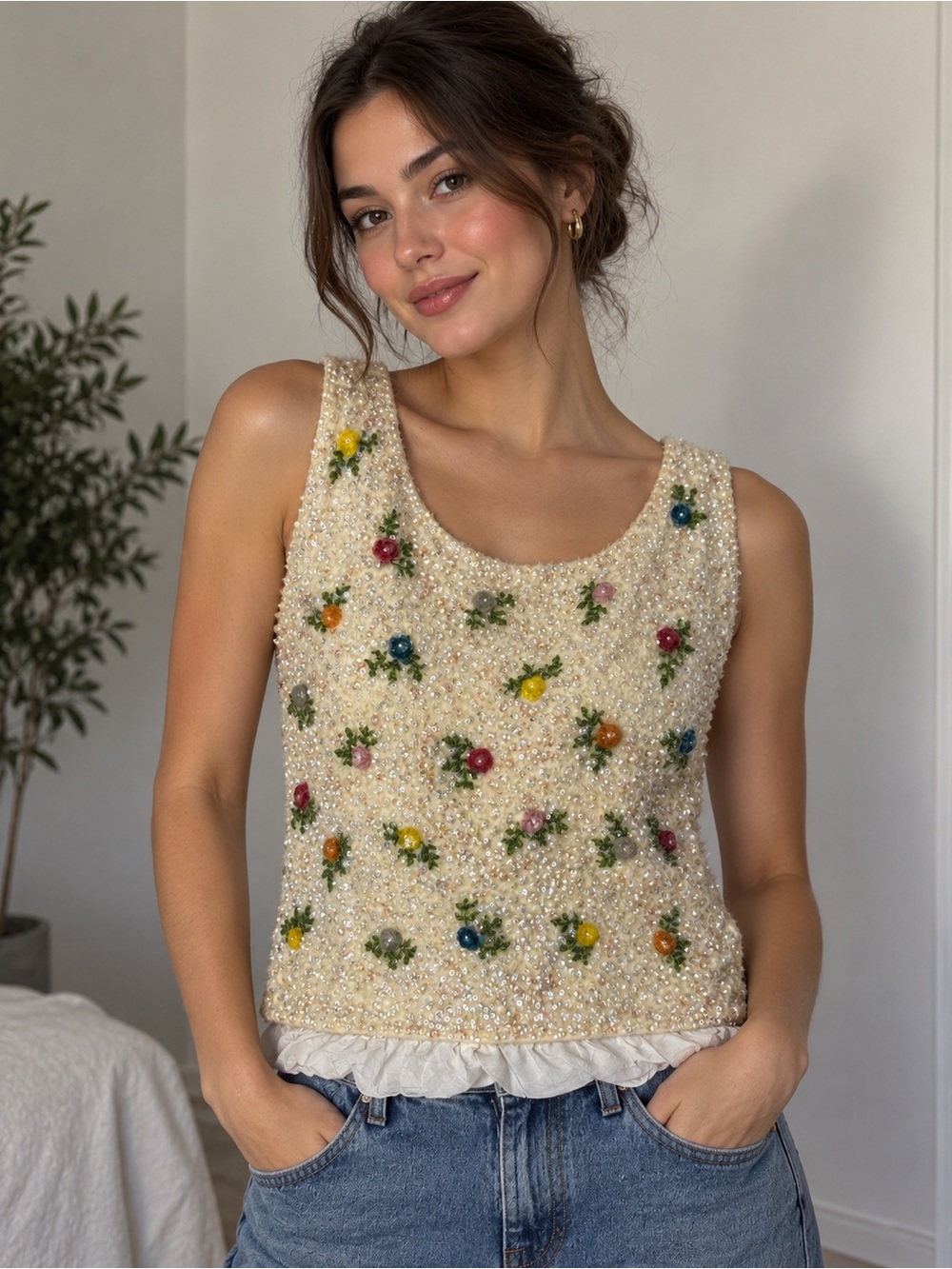 Vintage✨Made in Hong Kong✨Embellished Cream Floral Beaded wool